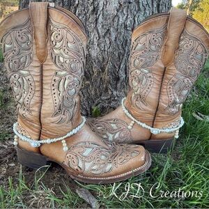 Pearls Crystal Cowboy Boot Bling Jewelry Bracelet Chain Western Country Wedding